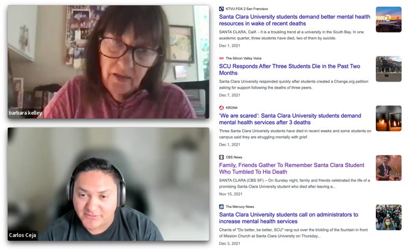 Barbara Kelley and Carlos Ceja interview alongside news coverage of the SCU student deaths